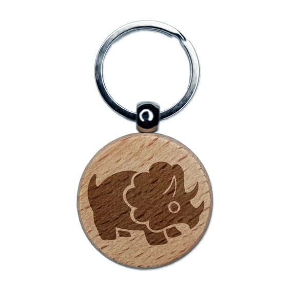 Cute Triceratops Dinosaur Round Keychain Charm Tag - Engraved Wood