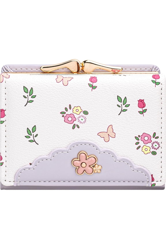 Cute Trifold Wallet for Women Girls, Press-Lock Coin Wallet with ID Window, PU Leather Floral Small Wallet, Fits Purses & Pockets (Floral Lavender)