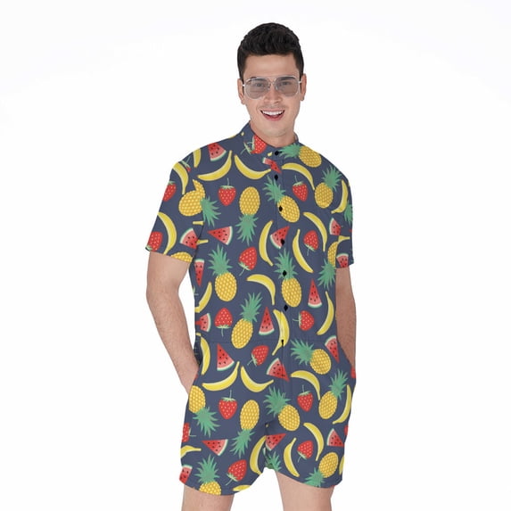 Cute Tropical Fruits Pattern Short Sleeve Men'S Rompers, Aloha Hawaiian Tropical Floral Plants Summer Casual Summer Jumpsuits Outfit