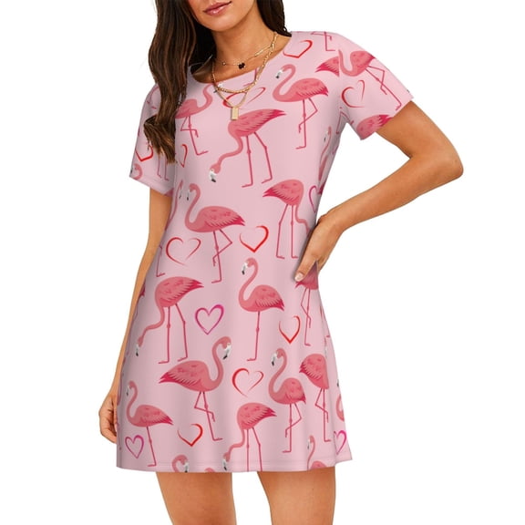 Cute Tropical Pink Flamingos Women'S Nightgown Sleepwear Short Sleeves Nightshirt Loose Comfy Pajama X-Large