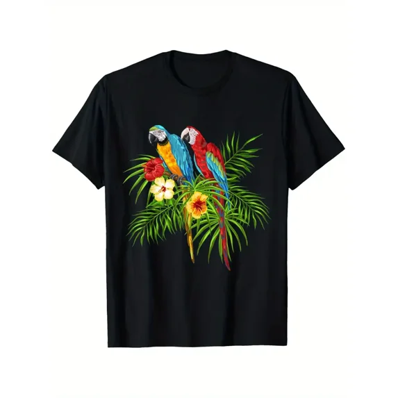 Cute Tropical Wild Parrot Exotic Nature Bird Macaw Colorful T-Shirt, 100% Cotton, Fashionable And Casual Round Neck
