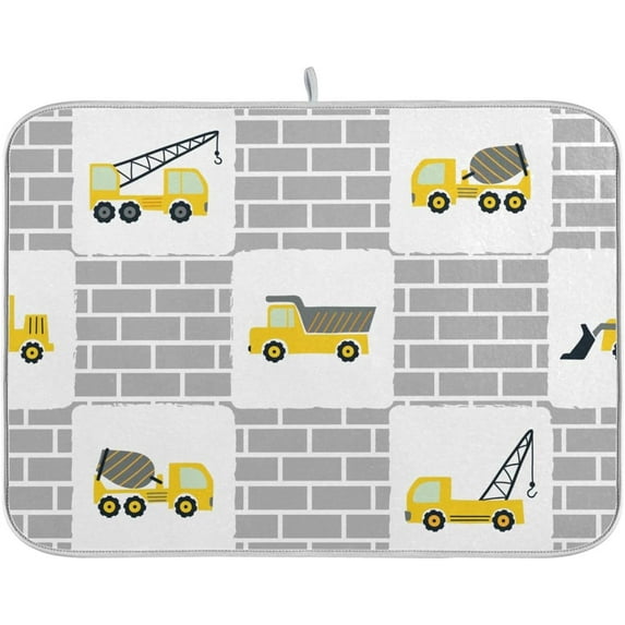 Cute Truck Excavator Dish Drying Mat for Kitchen Counter, Ultra Absorbent Reversible Microfiber Dishes Drying Rack Pad Heat-resistant Mats 16x18in