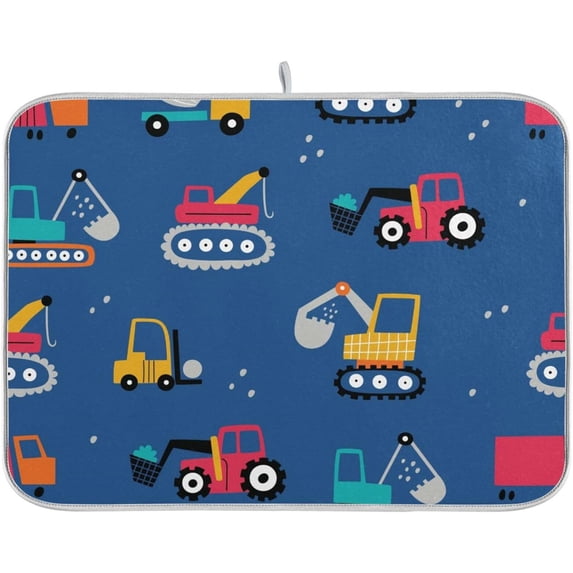 Cute Truck Excavator Dish Drying Mat for Kitchen Counter, Ultra Absorbent Reversible Microfiber Dishes Drying Rack Pad Heat-resistant Mats 18x24in