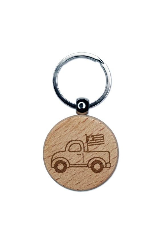 Cute Truck with Flag Round Keychain Charm Tag - Engraved Wood