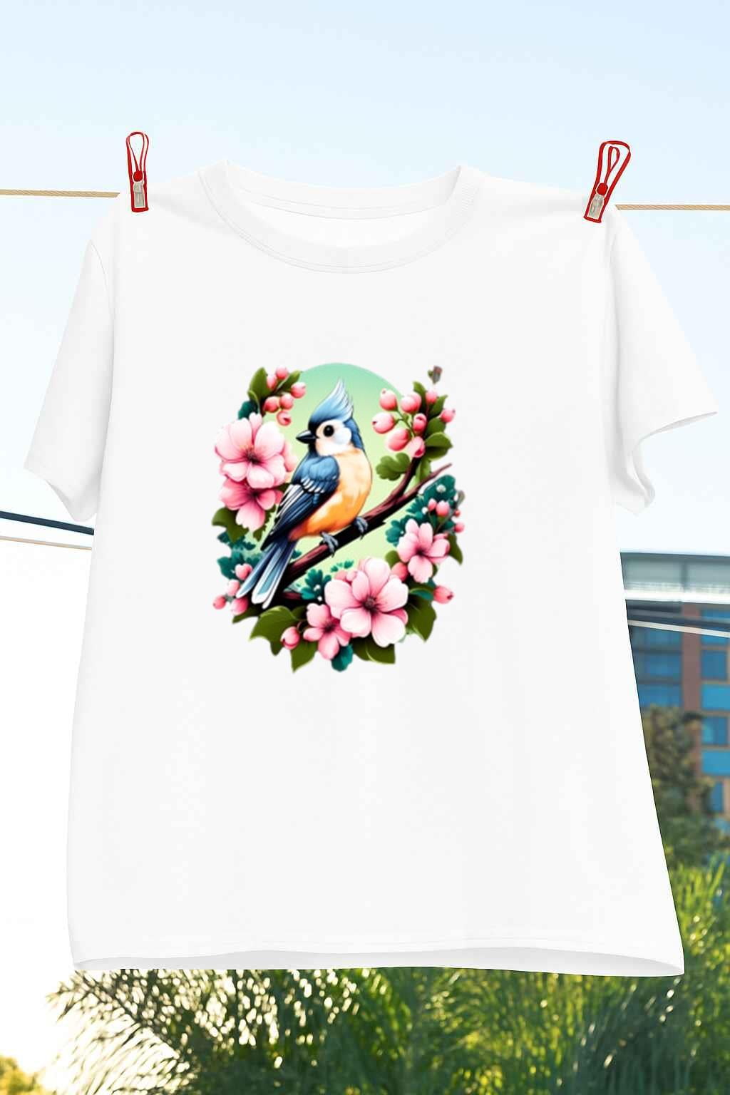 Green Bird Print Baby Summer Set – Tufted Titmouse T-Shirt & Beige Shorts main image 1