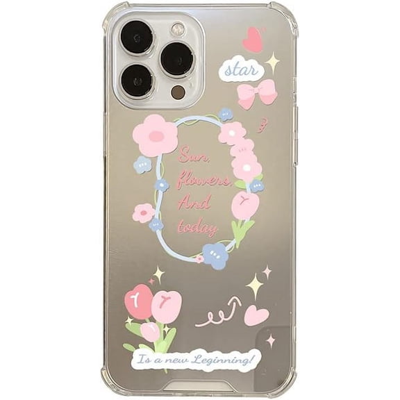 Cute Tulip Flowers Bow Love Heat Plating Mirror Phone Case Compatible with iPhone Case (Clear,iPhone 15)