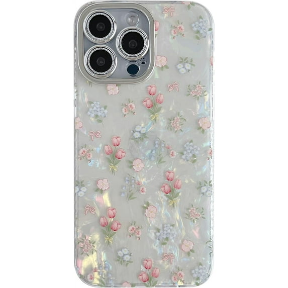 Cute Tulip Flowers Bow Shell Pattern Phone Case Compatible with iPhone Case (White,iPhone 13)