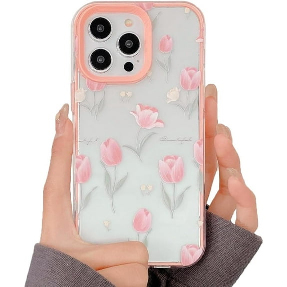 Cute Tulips Candy Color Edge Clear Soft  for iPhone Case (Pink,iPhone 11 Pro)