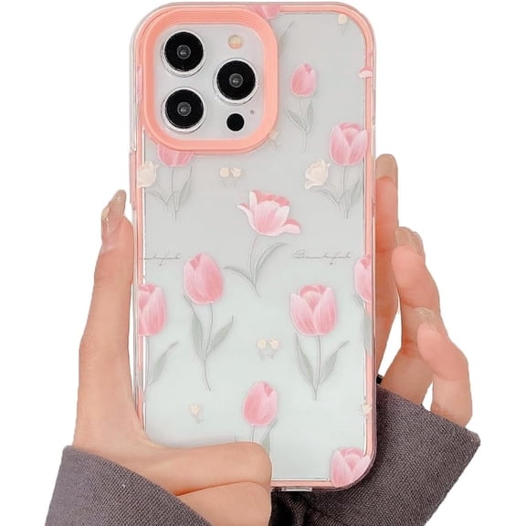Cute Tulips Candy Color Edge Clear Soft for iPhone Case (Pink,iPhone 15)