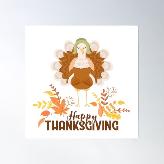 Cute Turkey Character, Autumn Leaves And Lettering Poster Wall Art, Modern Wall Decor For Living Room Bedroom, 30x30 UNFRAMED