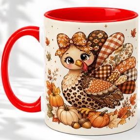 Cute Turkey Fall 11oz Ceramic Mug with Patchwork Feather Artwork Ceramic mug featuring a bow turkey, patterned feathers, pumpkins, acorns, and autumn leaves for coffee or tea