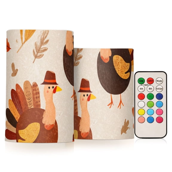 Cute Turkey with Hat Autumn Leaves Thanksgiving Flickering Flameless Candles LED Tealight Battery Operated with Remote Set of 2 Holiday Decor Ornaments