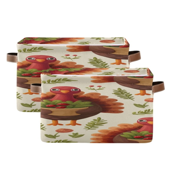 Cute Turkey Hug Basket Leaves Thanksgiving Square Storage Bins with Handles Collapsible Containing Box 2 Packs