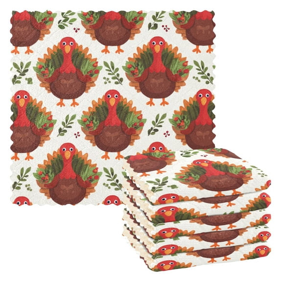 Cute Turkey Pattern with Leaves Thanksgiving Dish Cloths Dish Towels Cleaning Cloths Quick Drying Reusable 11" x 11" Set of 6