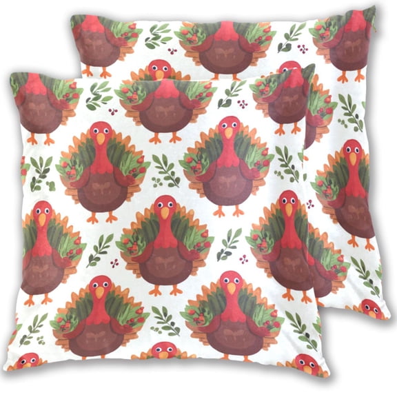 Cute Turkey Pattern with Leaves Thanksgiving Throw Pillow Covers Pillowcases 18 x 18 Inch Home Decor 2 Packs for Bedroom Sofa