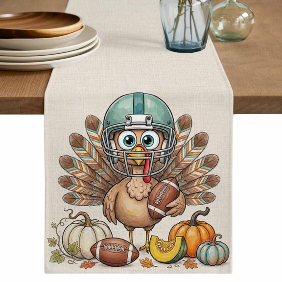 Cute Turkey Table Runner, Fall Vintage Orange Cream Pumpkin Maple Leaves Football Cotton Linen Table Cloth, Tablerunner for Kitchen Dining Party Wedding Home Decor 13x36 Inch