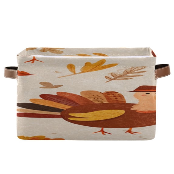 Cute Turkey with Hat Autumn Leaves Thanksgiving Square Storage Bins with Handles Collapsible Containing Box 1 Pack