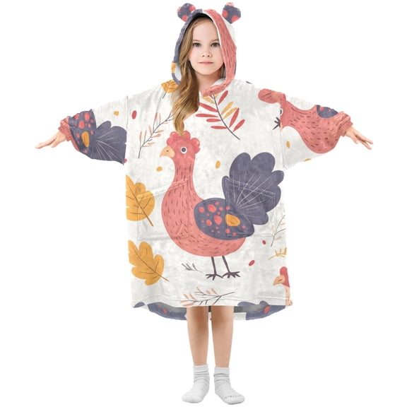 Cute Turkeys Autumn Leaves Thanksgiving Flannel Wearable Blankets Hooded Design Long Sleeves Wrap Unisex for 3T-14Y L