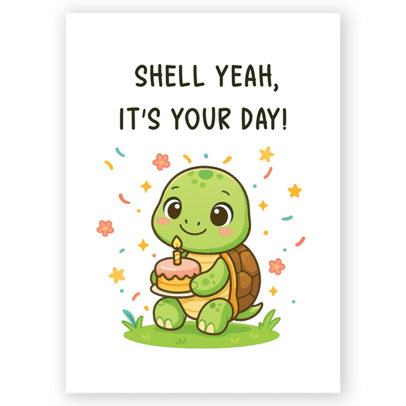 Cute Turtle Birthday Card for Friend "Happy Shell Day" Funny Animal Greeting Card