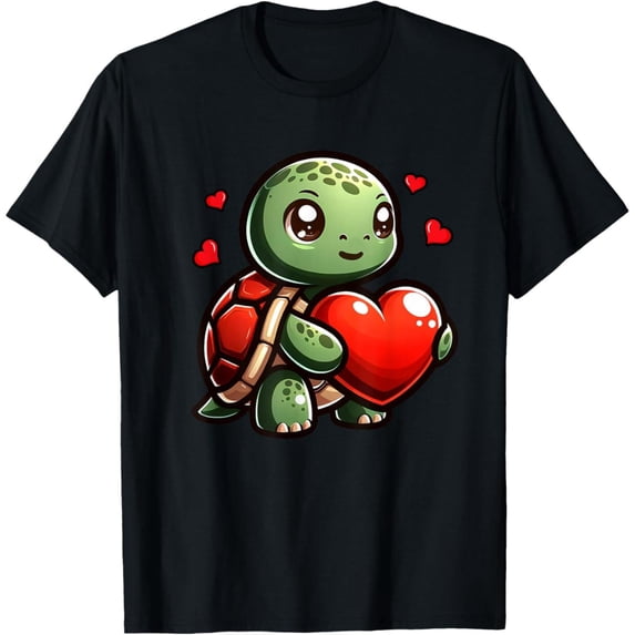Cute Turtle Lover Casual Heart Design T Shirt Valentines Day Graphic Tees Sweet Tops Animal Lovers Black S-5XL