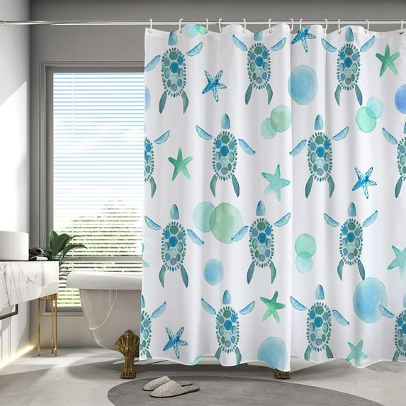 Cute Turtle Shower Curtain for Bathroom,Blue Teal and White Starfish Shower Curtains Set for Bathroom with 12 Hooks,Watercolor Art Coastal Bath Curtain 72x72in,Waterproof Fabric