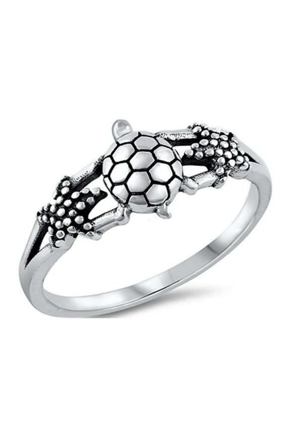 Cute Turtle Starfish Ocean Beach Ring .925 Sterling Silver Band Jewelry Female Male Unisex Size 4
