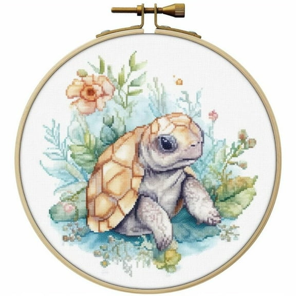 Cute Turtle Starter Easy Cross Stitch Kits Color Stamped Embroidery Kits DIY 11CT Stamped Patterns Embroidery Needlework Kit Supplies 12 Inch Hoop Included(et-155)