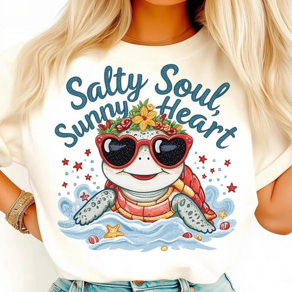 Cute Turtle Summer T-shirt, Salty Soul Sunny Heart Shirt, Beach Animal Sublimation, Retro Sea Life Clipart, Ocean Vibes Turtle Art T-shirt