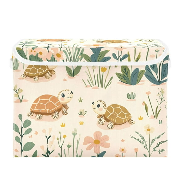 Cute Turtle on Beige Large Storage Bins with Linen Collapsible Lid Storage Box 16.7 x 12.6 x 11.8in