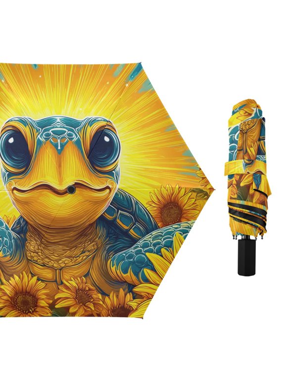 Cute Turtle with Sunflowers All Weather Umbrella Triple Folding Parasol 6 Ribs UV Protection Portable