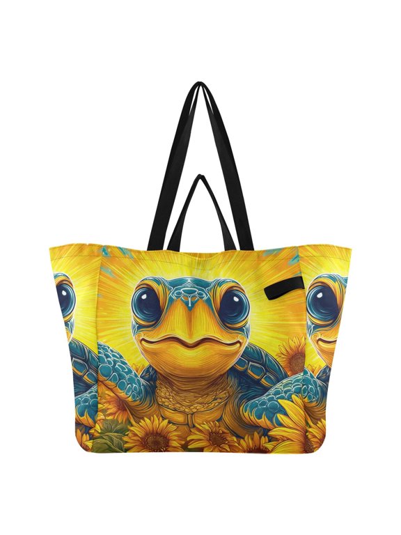 Cute Turtle with Sunflowers Foldable Canvas Tote Bags Reusable Grocery Bags Laundry Bags Beach Bag 32L