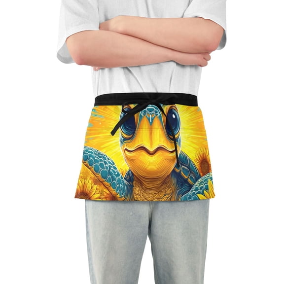 Cute Turtle with Sunflowers Short Server Apron with 3 Pockets for Unisex Chef Gardening