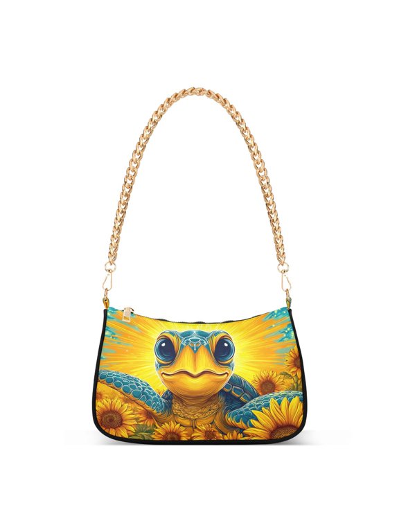 Cute Turtle with Sunflowers Women's Tote Bag Detachable Strap Chain Bag Lightweight Shoulder Purse