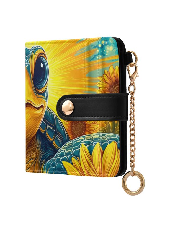 Cute Turtle with Sunflowers Women's Wallet PU Leather Card Cases RFID Blocking Purse Billfold with Key Ring