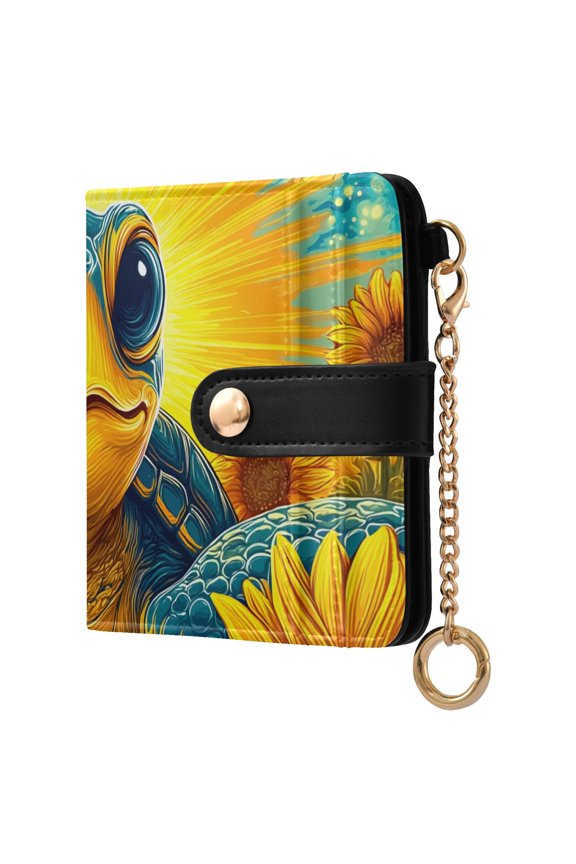 Cute Turtle with Sunflowers Women's Wallet PU Leather Card Cases RFID Blocking Purse Billfold with Key Ring