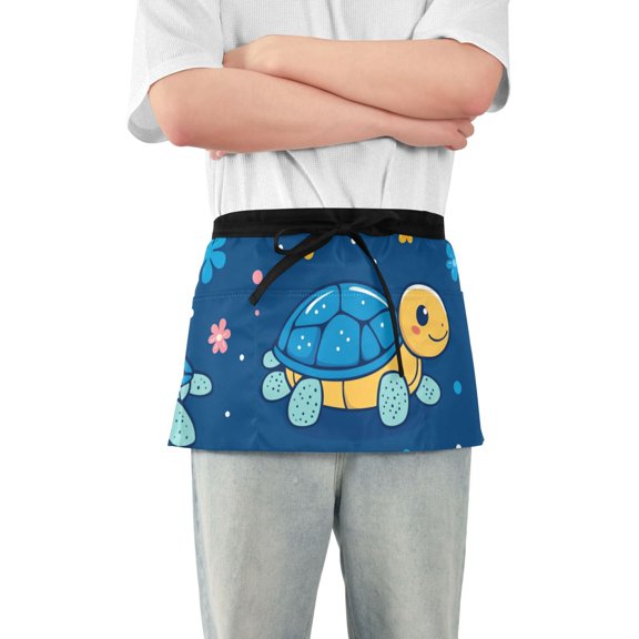 Cute Turtles Doodle Flowers Short Server Apron with 3 Pockets for Unisex Chef Gardening