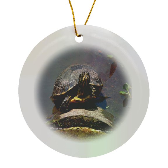 3drose, Cute Turtles Posing for the Camera in a Pond, Circle Porcelain Ornament