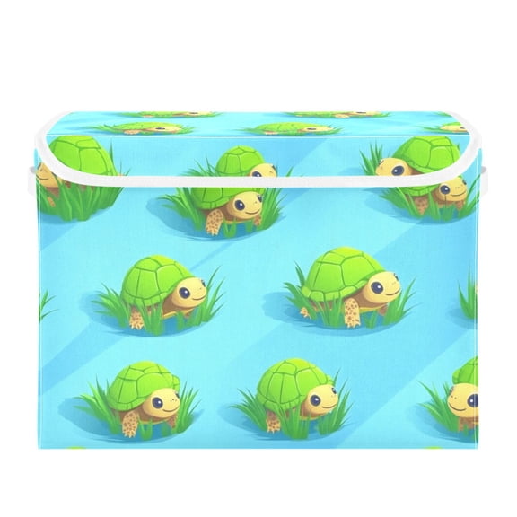 Cute Turtles in Grass Large Storage Bins with Linen Collapsible Lid Storage Box 16.7 x 12.6 x 11.8in