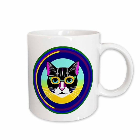 3drose, Cute Tuxedo Cat in Yellow Glasses Inside the Round Geometrical Shape, 15oz Mug