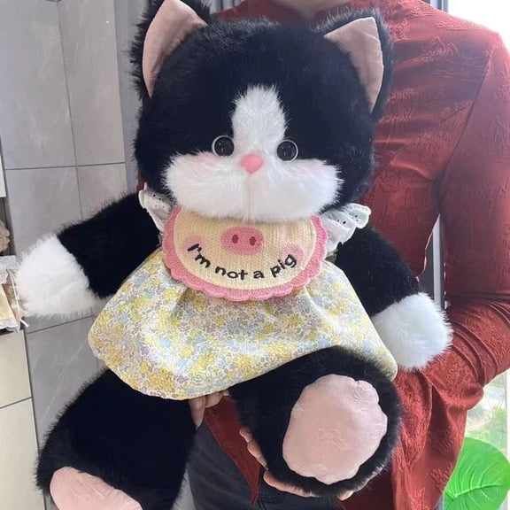 Cute Tuxedo Cat Plush Toy, Soft Fluffy Kitty Stuffed Animal with Floral Dress & Bib, Kawaii Sweet Plushie for Kids Gift & Home Decor