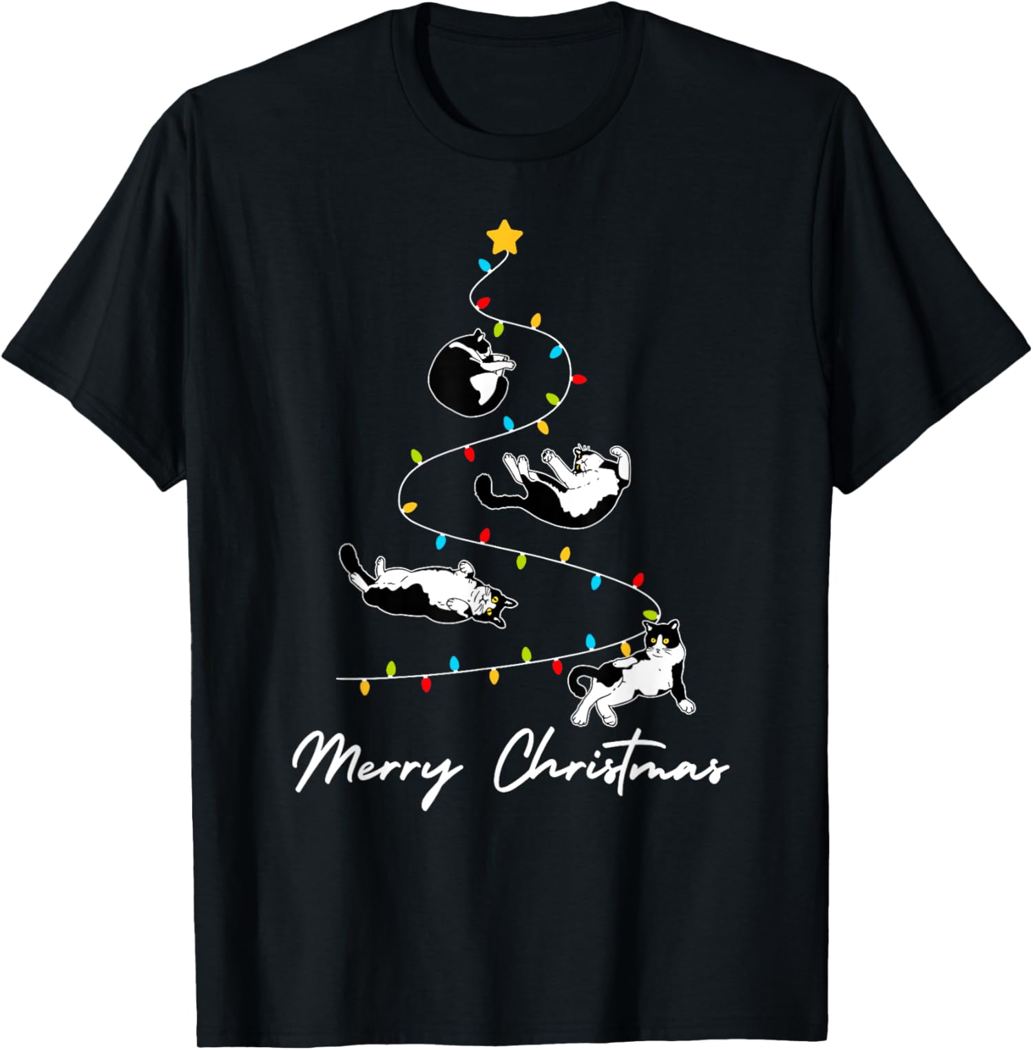 Cute Tuxedo Cats Christmas Tree Lights Owner Cat Lover TShirt