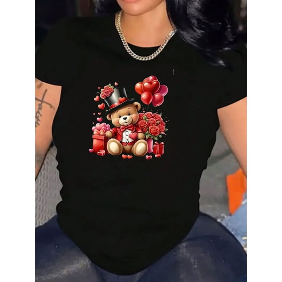Cute Tuxedo Teddy Bear Valentine's Day Women Graphic Short Sleeve Tee