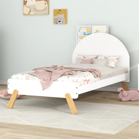 Cute Twin Bed Frame with Curved Shaped Headboard, Shelf Storage Behind Headboard, Heavy Duty Wood Platform Bed Frame Base Twin Size Mattress Foundation with Slat Support, Noise Free, White