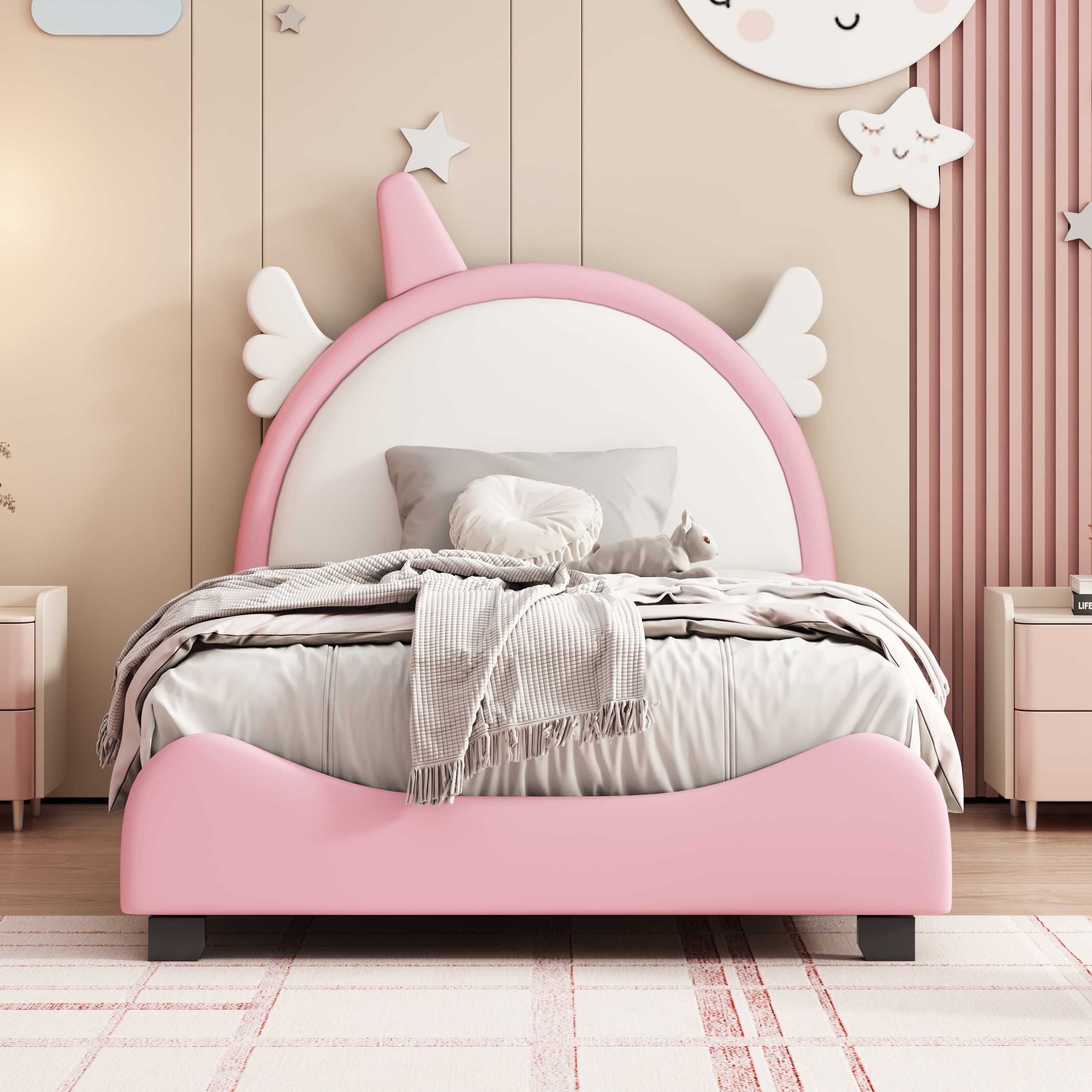 Cute Twin Size Bed Frame with Unicorn Shape Headboard,Twin Size Platform Bed Frame with Headboard and Footboard for Boys Girls ,80"x45"x45",White+Pink