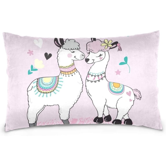 Cute Two Llamas On Pink Velvet Oblong Lumbar Plush Throw Pillow Cover/Shams Cushion Case 16x24in Decorative Invisible Zipper Design for Couch Sofa Pillowcase Only