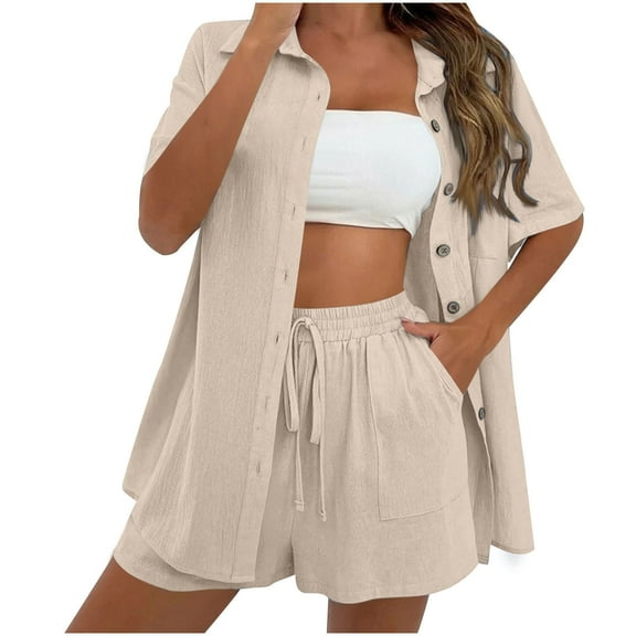 Cute Two Piece Outfits for Women s 2 Piece Outfits Short Sleeve Button Down Shirts and Shorts Sweatsuit Casual Loose Drawstring High Waisted Shorts Pockets Summer Matching Sets Beige S