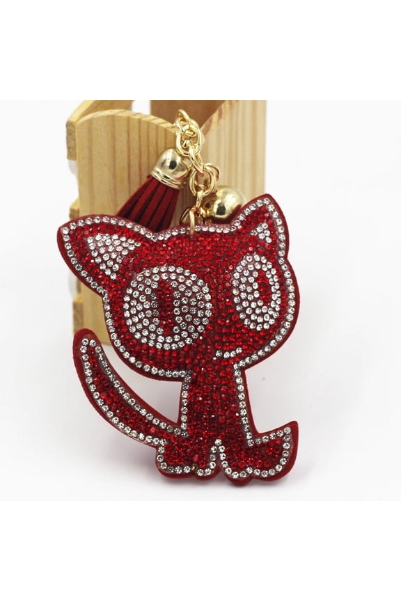 Cute Cat Keychain Bag Charm with Diamond Detailing Two Tone Flannel Material Rose Red Cat Pendant for Handbags
