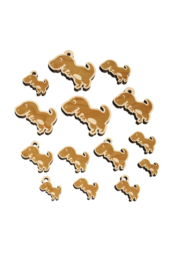 Cute Tyrannosaurus Rex Dinosaur Wood Mini Charms Shapes DIY Craft Jewelry - No Hole - Various Sizes (16pcs)