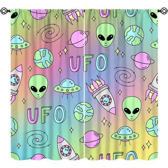 Cute UFO Curtains for Kids, Cartoon Spaceship Rocket Moon Alien Rainbow Window Treatments, Rod Pocket Thermal Insulated Drapes 2 Panel Set for Bedroom Living Room, 42" W X 54" L