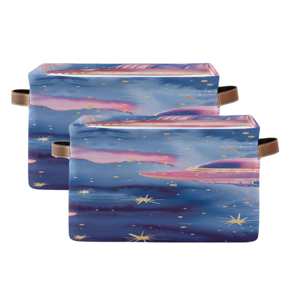 Cute Ufos in Starry Sky Square Storage Bins with Handles Collapsible Containing Box 2 Packs
